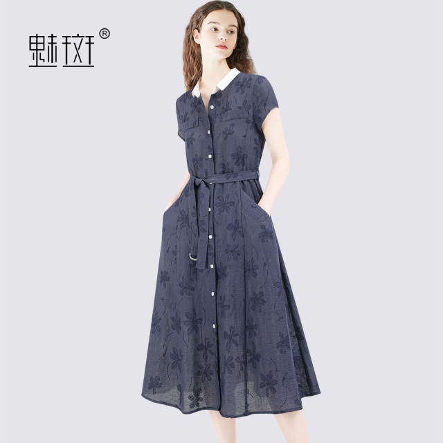 13655770.魅斑撞色翻领提花短袖连衣裙穿搭口袋衬衫裙