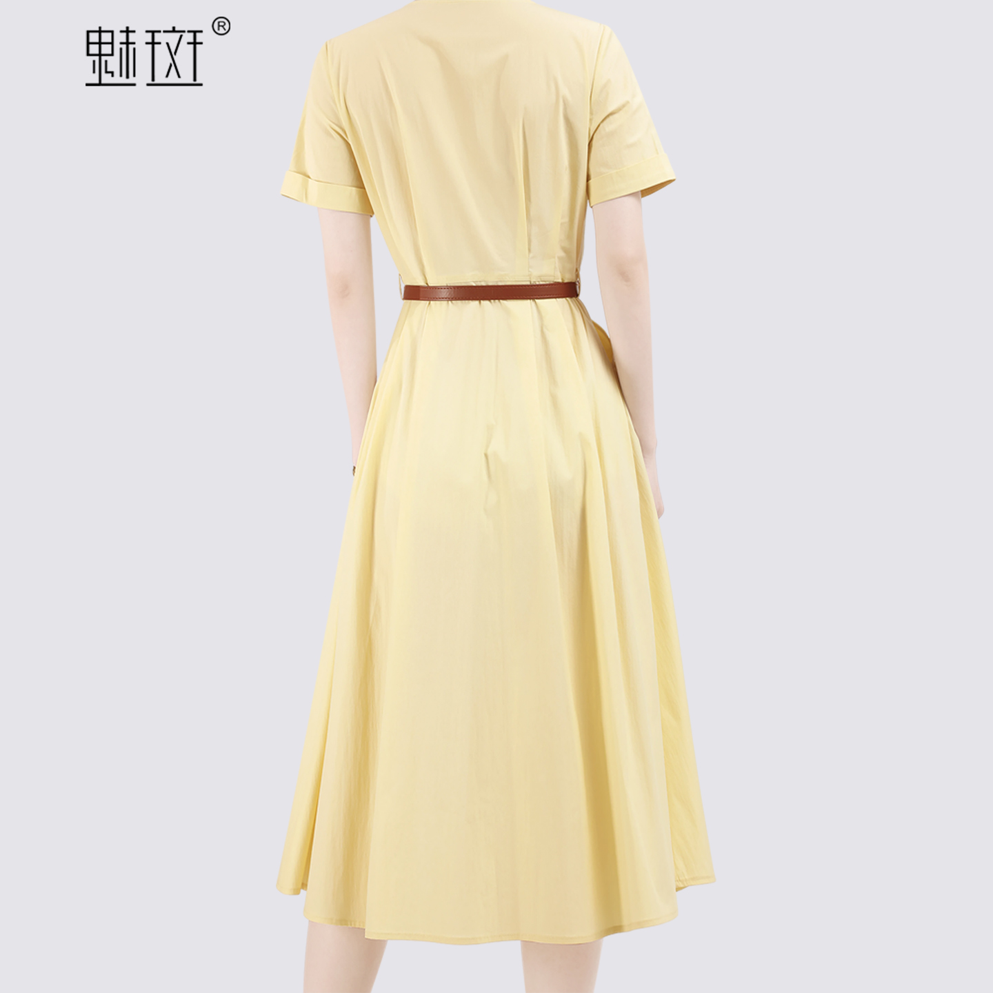 13655760.魅斑黄色V领短袖连衣裙棉质裙子