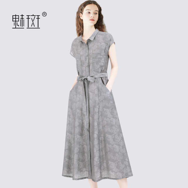 13655772.魅斑提花暗纹翻领连衣裙口袋裙子