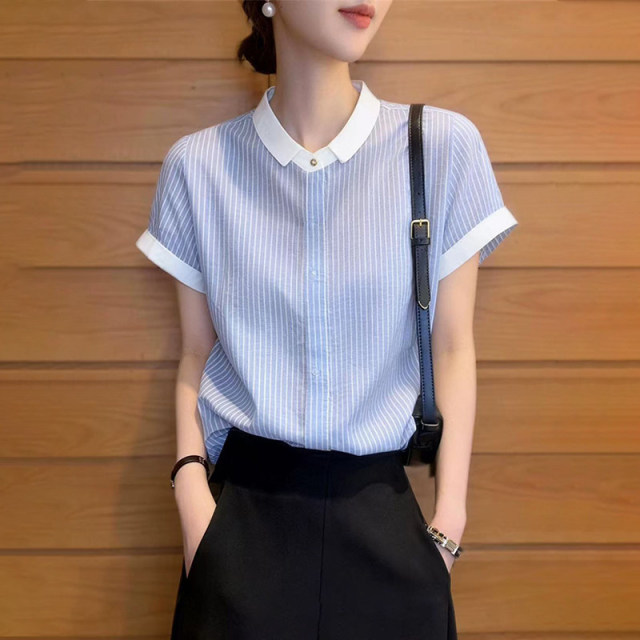 13656705.丹芙娅蓝色条纹短袖衬衫女2026夏季新款设计感时尚减龄显瘦通勤气质上衣