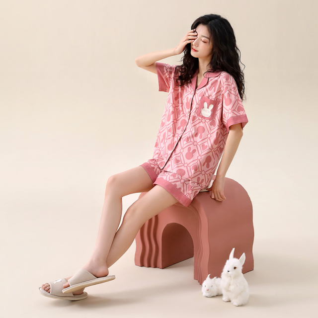 13659266.派邦奴夏季新款纯棉舒适翻领开衫女士睡衣套装fd