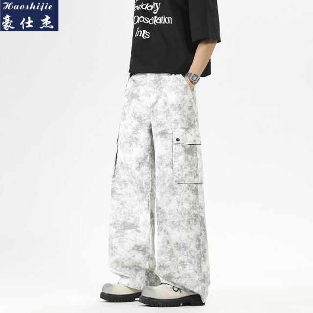 13657101.《百搭潮流》夏季美式复古扎染脏脏裤男工装纯棉宽松休闲长裤子