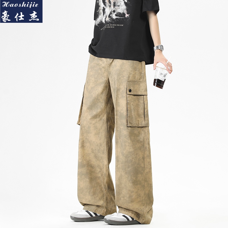 13657101.《百搭潮流》夏季美式复古扎染脏脏裤男工装纯棉宽松休闲长裤子