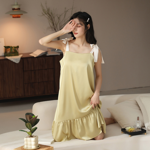 13659279.派邦奴夏季带胸垫冰雪丝蝴蝶结睡裙女生家居服fd