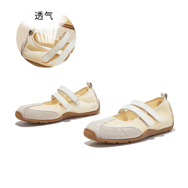 13661108.墨斯本真皮拼接魔术贴玛丽珍鞋新款法式芭蕾风轻便透气真皮垫百搭时装女式单鞋12863