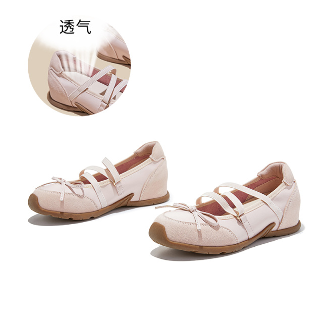 13661112.墨斯本磨砂牛皮蝴蝶结松紧带玛丽珍鞋新款纯色轻便透气真皮垫舒适百搭休闲女式单鞋12882