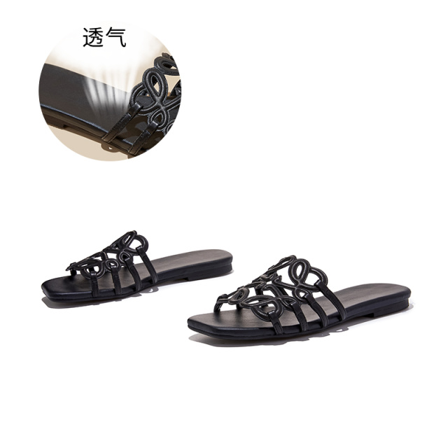 13661129.墨斯本羊皮镂空透气方头露趾纯色时装拖鞋新款潮流时尚外穿沙滩休闲女式拖鞋12810