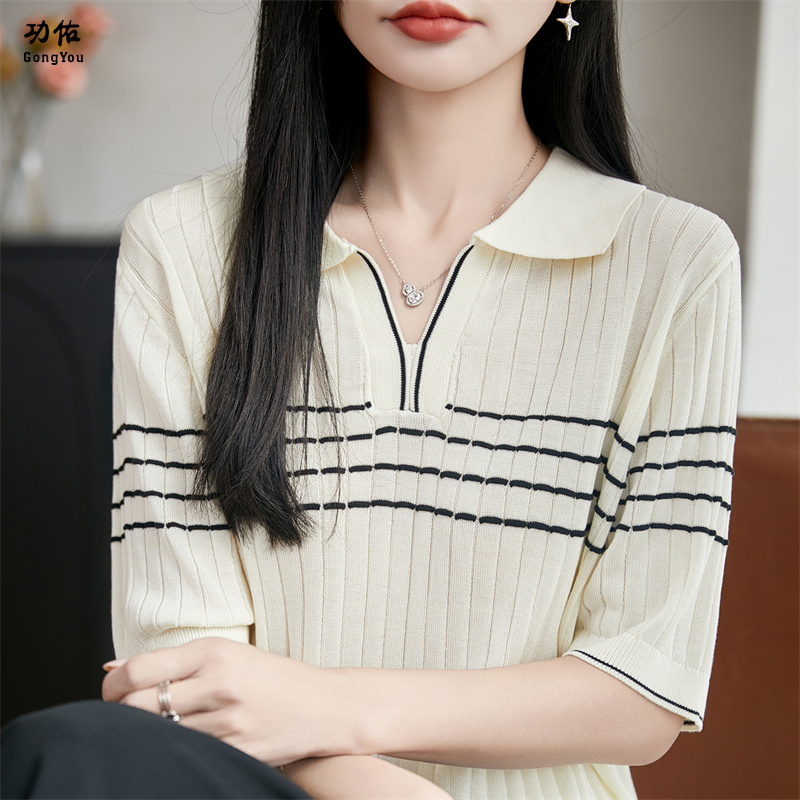 13661851.【功佑】翻领条纹显瘦百搭针织短袖【莱赛尔】