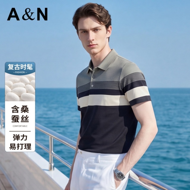 13661599.【含桑蚕丝】撞色条纹短袖POLO衫男夏弹力易打理商务休闲T恤