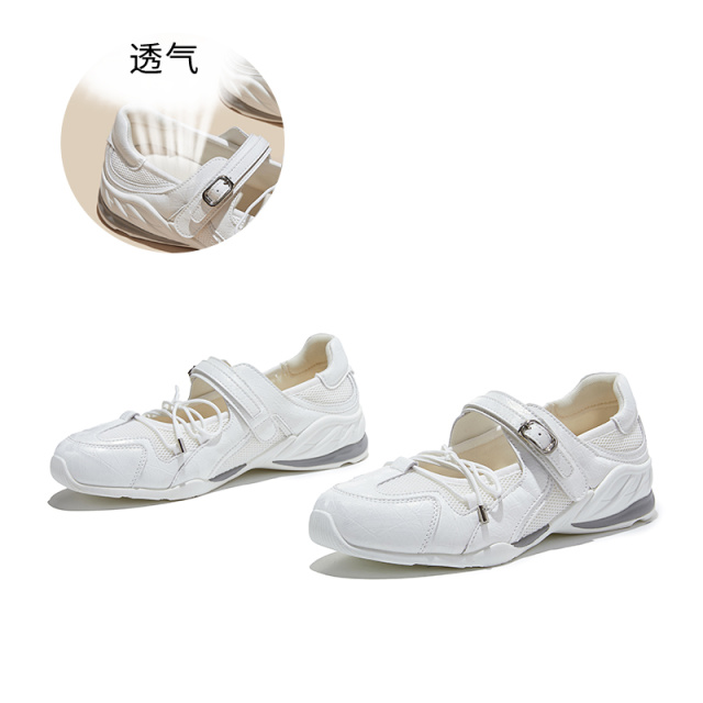 13661115.墨斯本圆头魔术贴运动玛丽珍鞋新款法式芭蕾风轻便透气真皮垫百搭时装女式单鞋12881