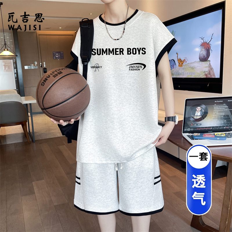 13666296.夏季港风撞色坎肩背心套装男青少年中学生宽松薄款无袖t恤两件套