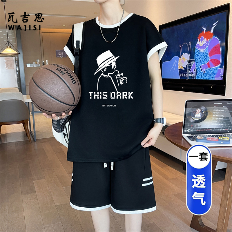 13666299.夏季无袖t恤男孩高中初中生冰丝背心短裤大童青少年夏装运动套装