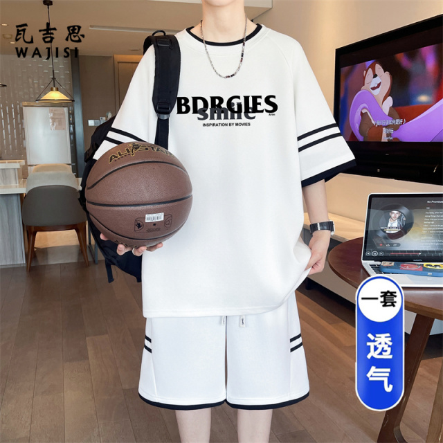 13666225.青少年短袖t恤男孩初中高中学生休闲运动套装大童时尚印花短裤两件套