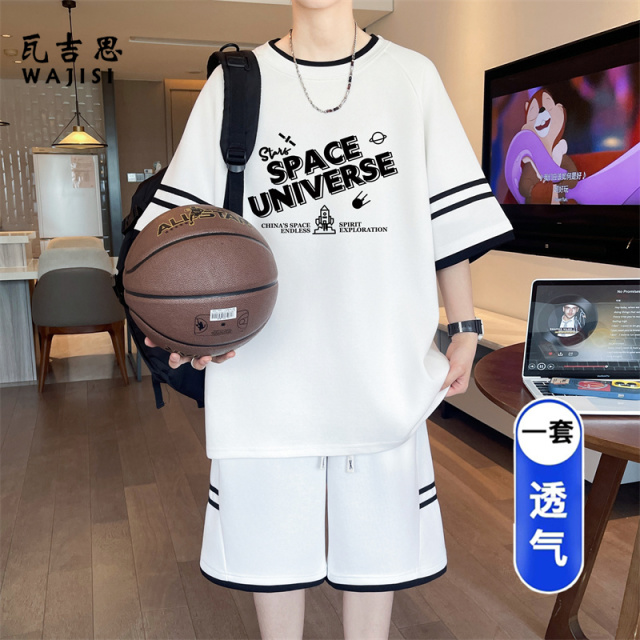 13666227.青少年短袖t恤男孩初中高中学生休闲运动套装大童火箭印花短裤两件套