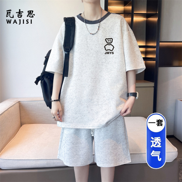 13666196.夏季新款潮流男孩凉感初中高中学生短袖T恤两件运动套装男装帅气