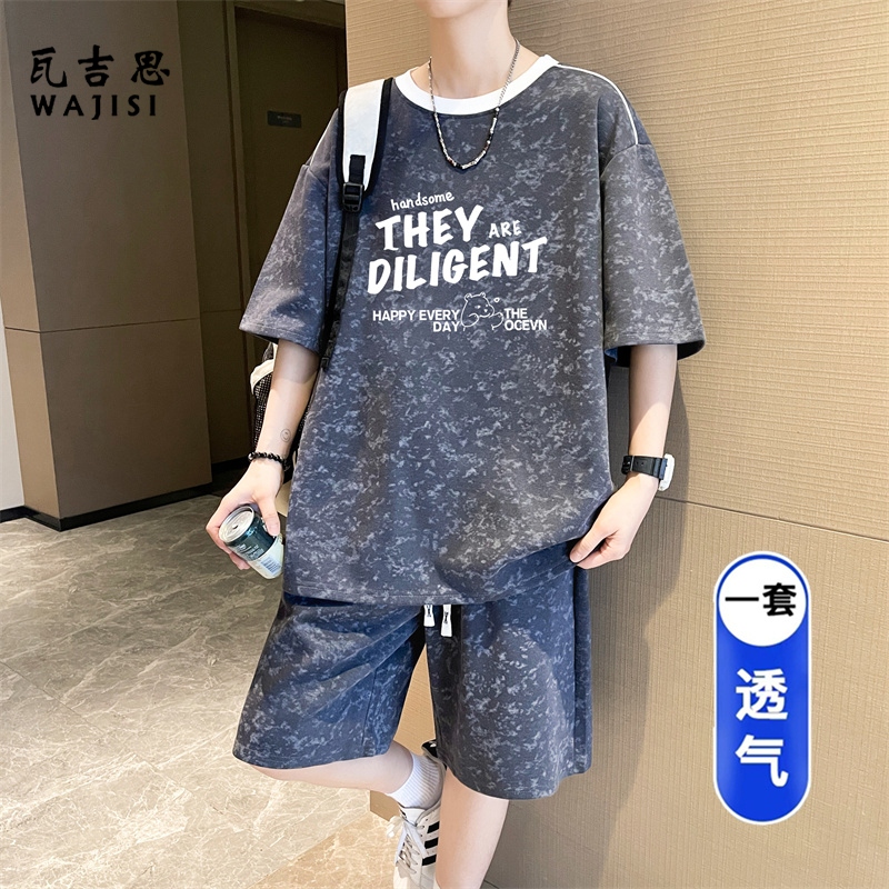 13666279.男大童短袖短裤两件套青少年夏季薄透气运动套装学生潮流汗衫t恤