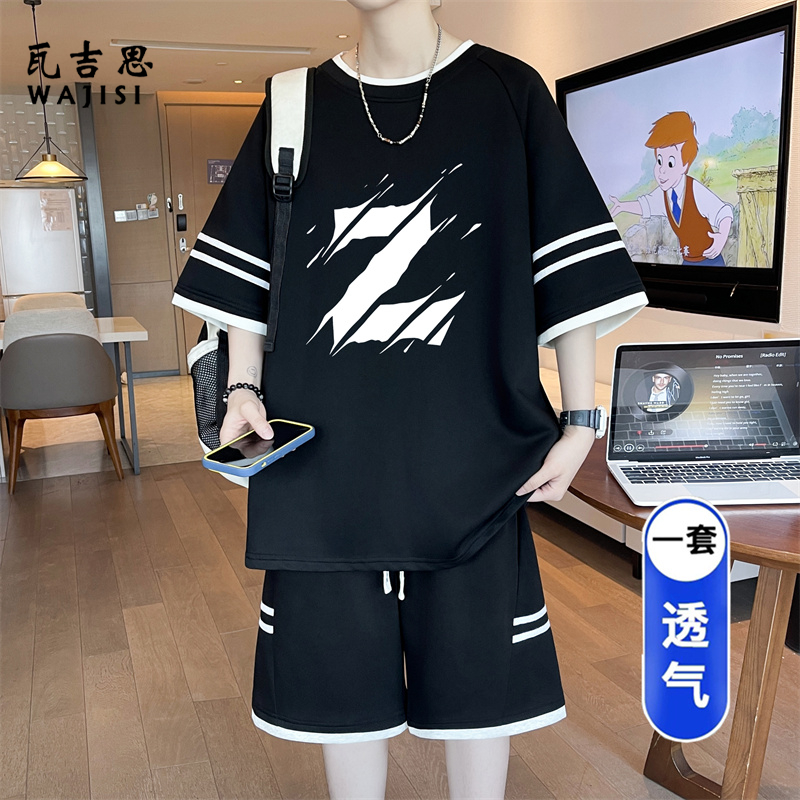 13666222.夏季短袖短裤套装男新款青少年初中学生潮流运动一套搭配帅气