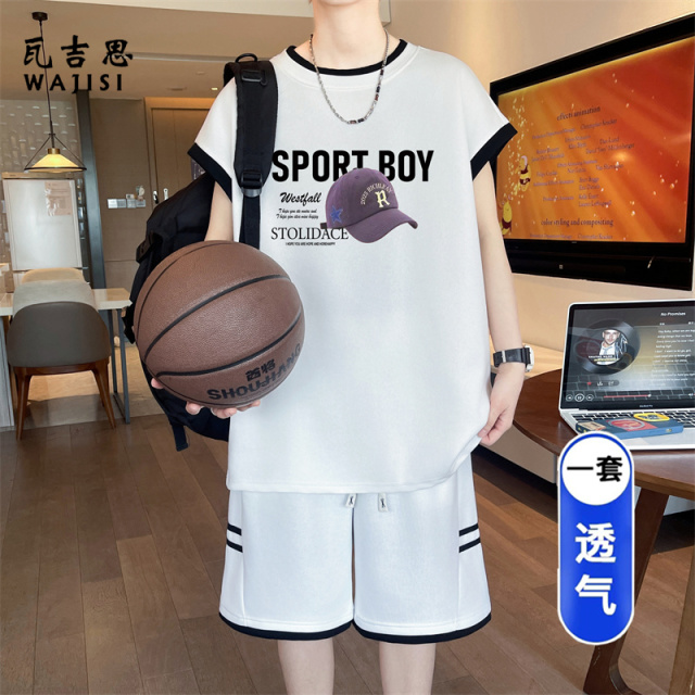 13666303.冰丝无袖t恤男生夏季薄款透气背心坎肩青少年休闲运动短裤套装潮