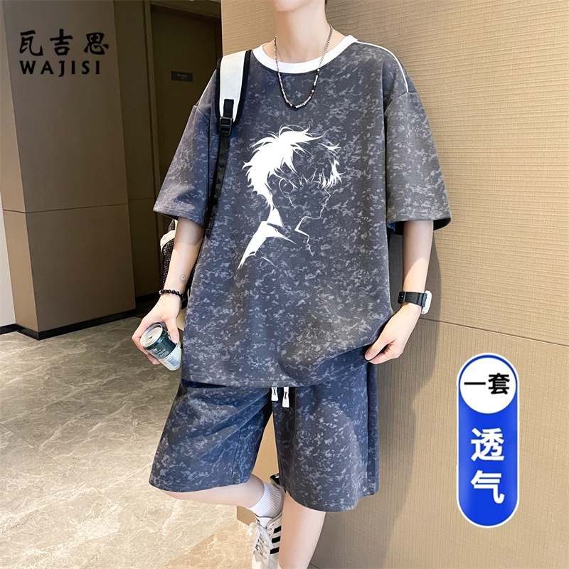 13666323.夏季休闲运动短裤套装男初高中学生青少年大童薄款棉质短袖两件