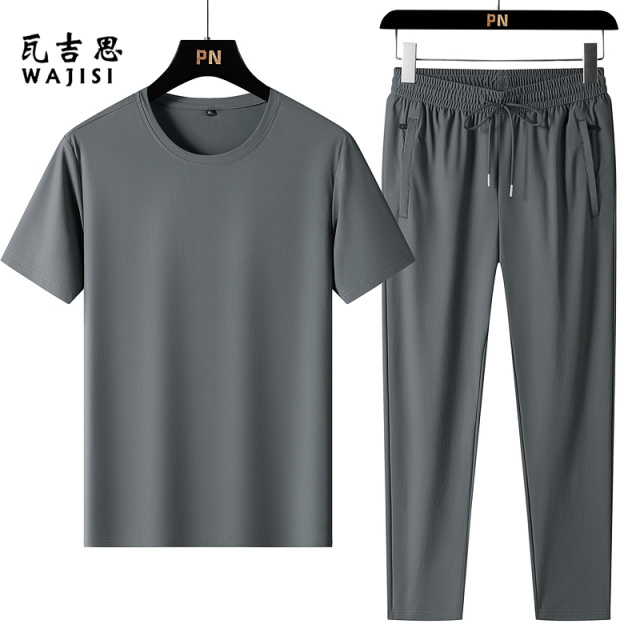13666231.中年男士短袖T恤衫两件套舒适款夏装圆领上衣爸爸装透气大码套装