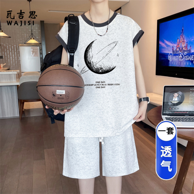 13666291.青少年无袖睡衣男款夏季冰丝背心短裤初中高中学生宽松家居服套装