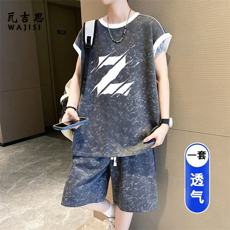 13666300.新款无袖t恤男孩初中学生青少年大童夏季背心短裤套装运动服