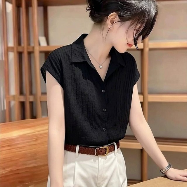 13665914.丹芙娅黑色polo领衬衫女夏季2026年新款百搭短袖衬衣