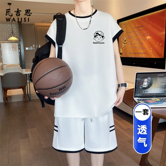 13666289.夏季青少年男款无袖T恤套装高中初中运动学生背心篮球服宽松球衣