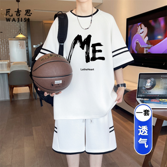 13666217.青少年短袖t恤男孩初中高中学生休闲运动套装大童ME印花短裤两件套