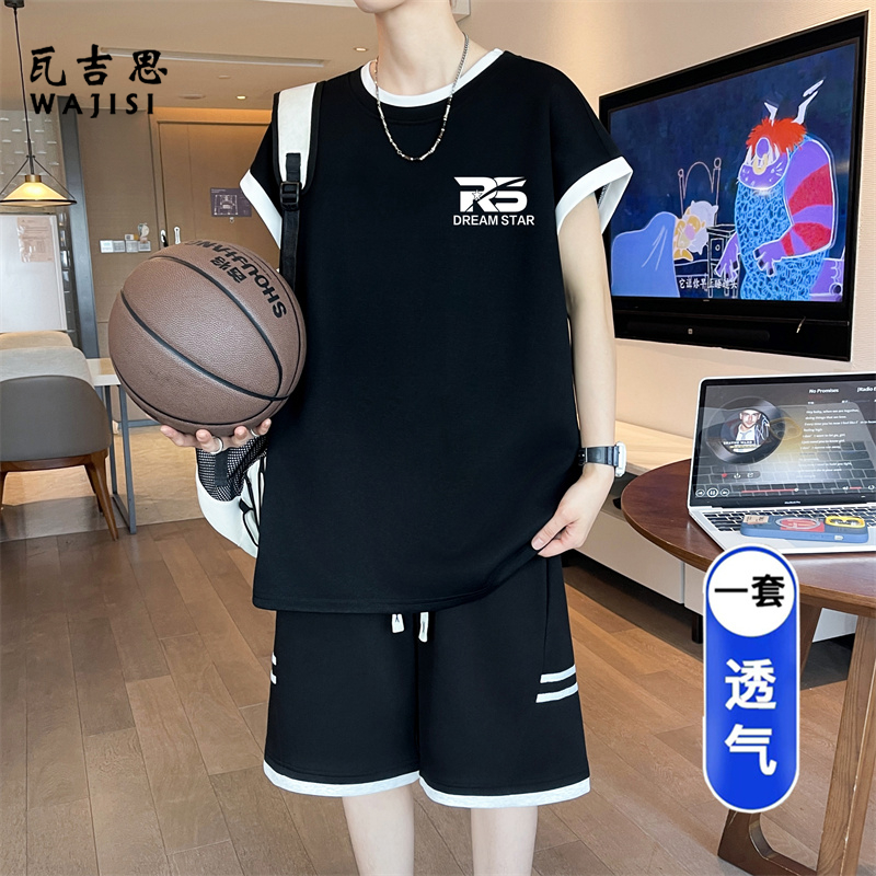 13666249.冰丝短袖t恤男高中初中学生背心短裤青少年帅气大童夏装运动套装