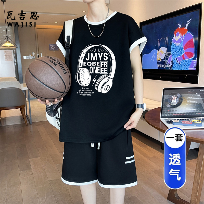 13666276.夏季薄款冰丝背心男孩初中生潮流无袖t恤青少年大童休闲运动套装