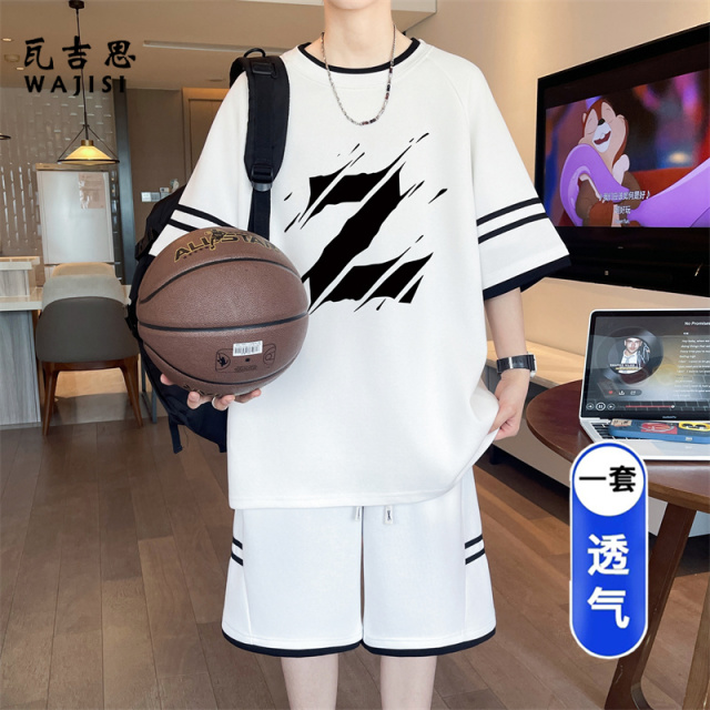 13666222.夏季短袖短裤套装男新款青少年初中学生潮流运动一套搭配帅气
