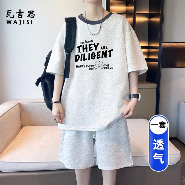 13666279.男大童短袖短裤两件套青少年夏季薄透气运动套装学生潮流汗衫t恤