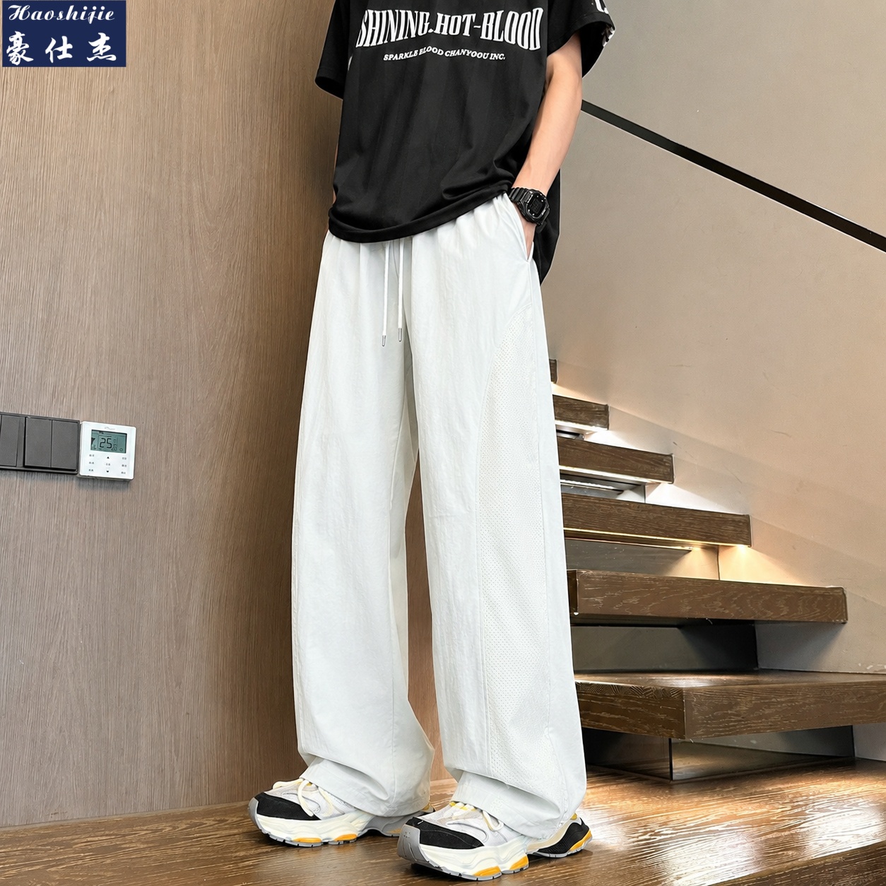 13666337.《舒适透气》夏季薄款美式潮流休闲网孔冰丝裤男士速干直筒裤