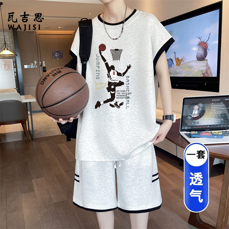 13666237.夏季新款无袖篮球服套装男青少年学生宽松休闲运动潮牌男装两件套