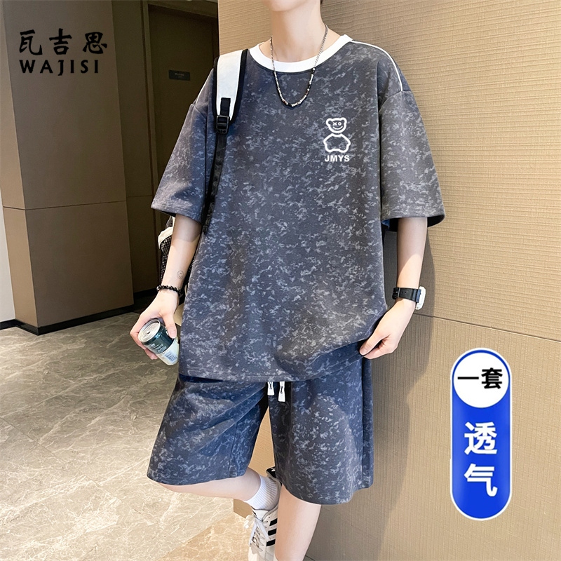 13666196.夏季新款潮流男孩凉感初中高中学生短袖T恤两件运动套装男装帅气