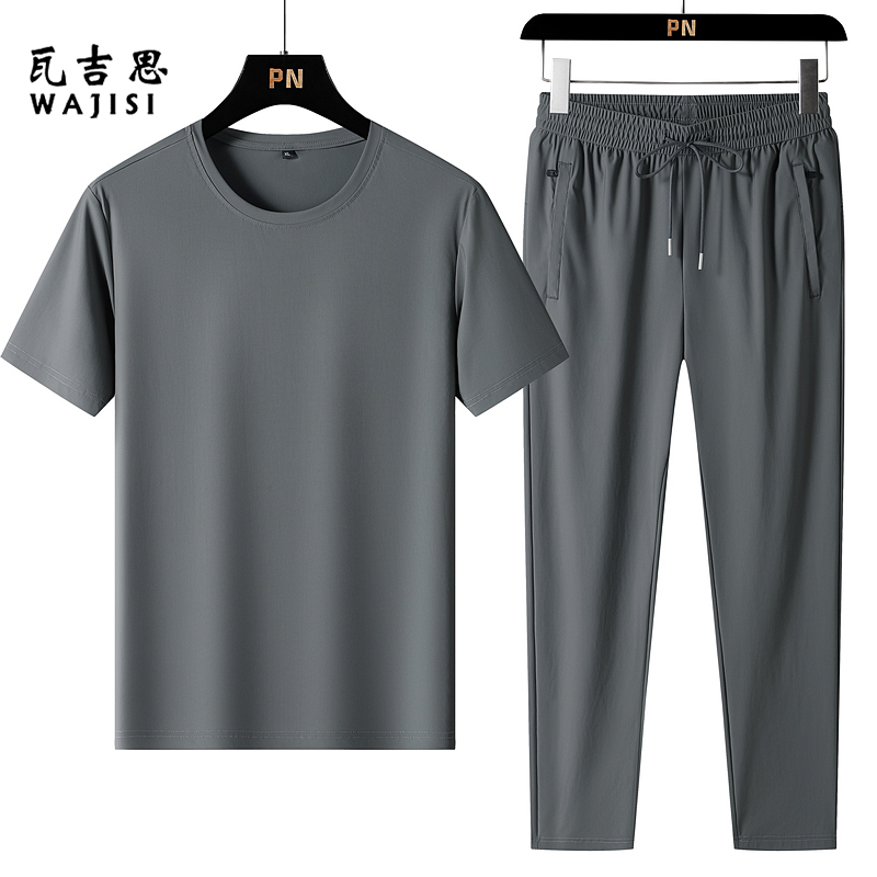 13666231.中年男士短袖T恤衫两件套舒适款夏装圆领上衣爸爸装透气大码套装