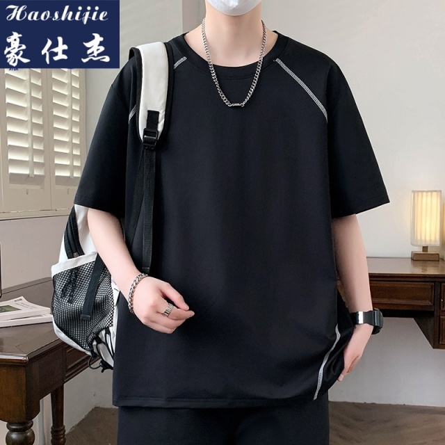 13666335.《舒适透气》夏季新款冰丝网眼透气孔明线工艺冰丝速干短袖