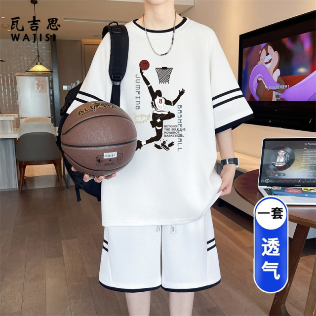 13666203.学生套装男夏季新款潮流休闲宽松短袖T恤夏天居家男装穿搭一整套