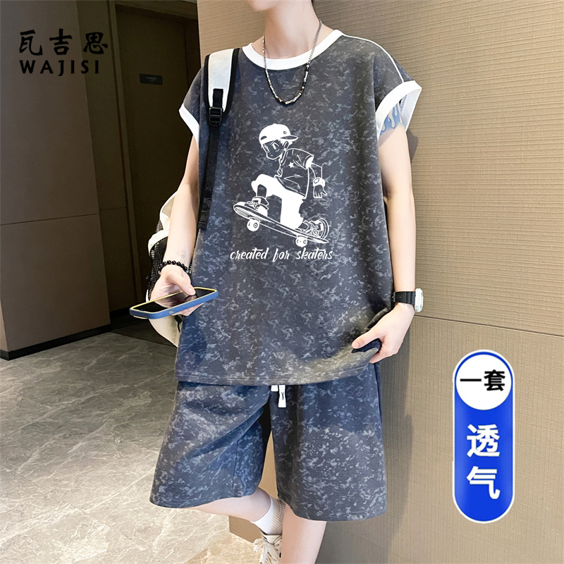 13666268.无袖休闲运动套装夏季美式滑板少年印花背心两件套男生帅气篮球服