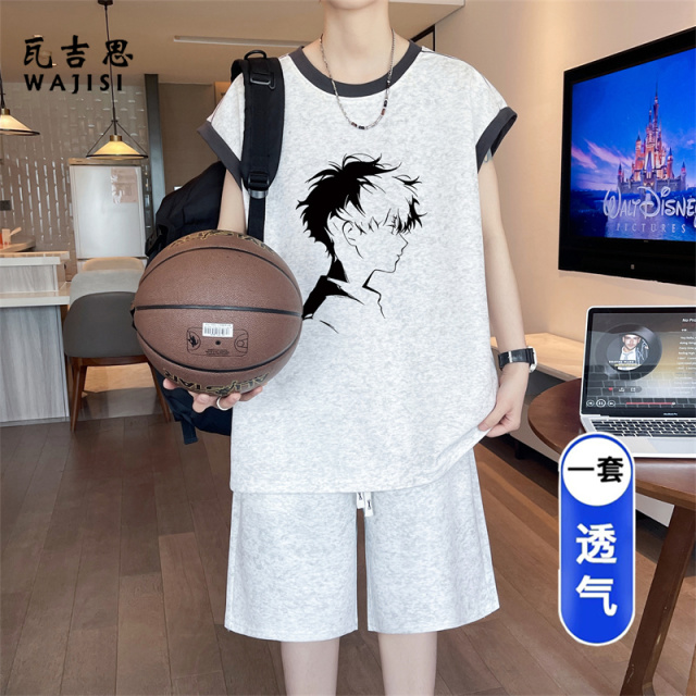 13666246.冰丝背心套装男夏季薄款无袖t恤男装青少年休闲短裤运动篮球服装