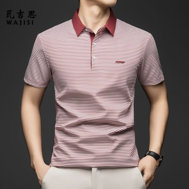 13666264.中年条纹短袖t恤男士印花打底衫男士POLO衫休闲翻领冰丝半袖上衣