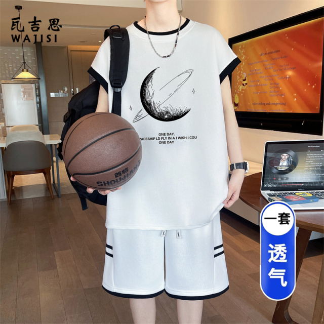 13666257.夏季新款无袖t恤男孩青少年中学生冰丝休闲大童背心运动套装潮流