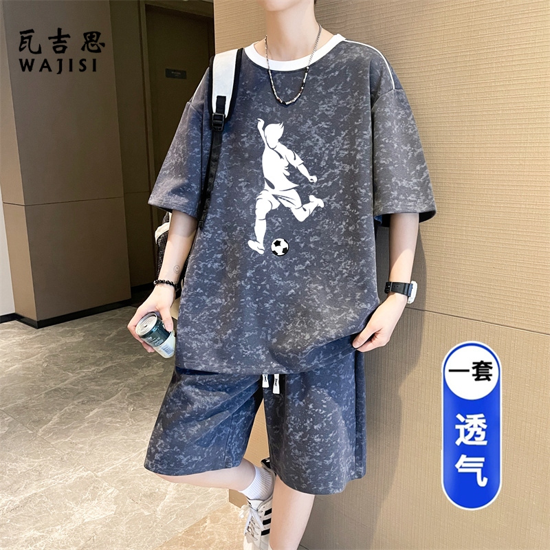 13666248.男大童短袖短裤两件套青少年夏季薄透气汗衫运动套装学生潮流t恤