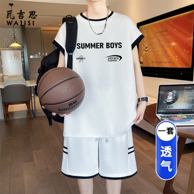 13666296.夏季港风撞色坎肩背心套装男青少年中学生宽松薄款无袖t恤两件套
