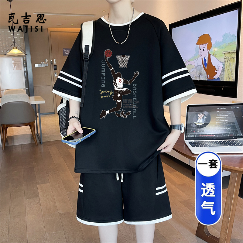13666203.学生套装男夏季新款潮流休闲宽松短袖T恤夏天居家男装穿搭一整套