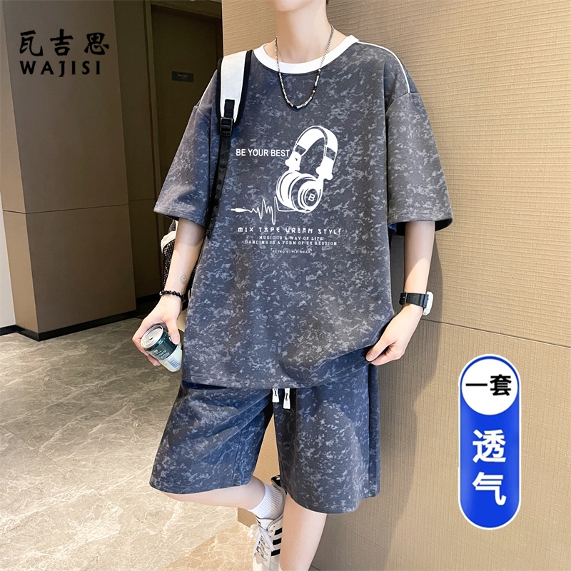 13666312.夏季棉短袖套装新款男孩初中学生宽松青少年潮流大童休闲运动套装