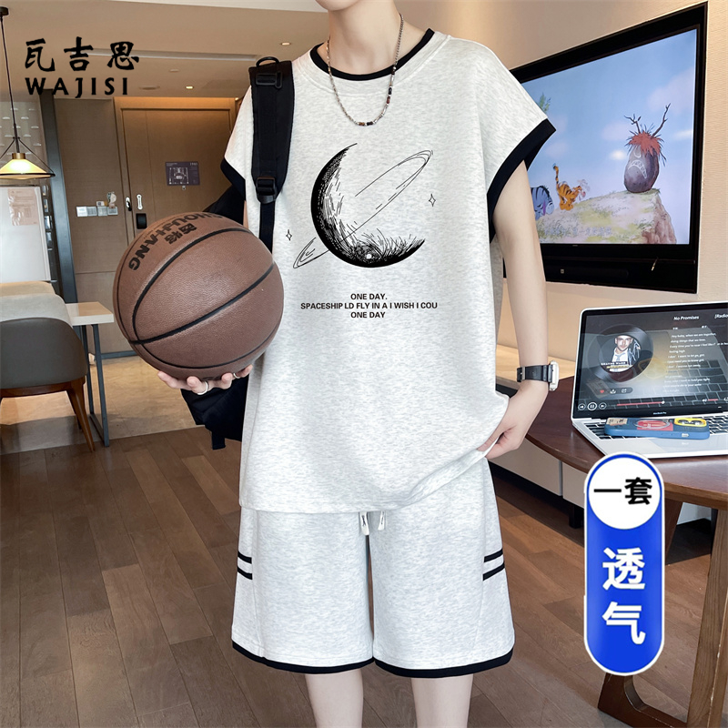 13666257.夏季新款无袖t恤男孩青少年中学生冰丝休闲大童背心运动套装潮流