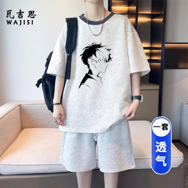 13666323.夏季休闲运动短裤套装男初高中学生青少年大童薄款棉质短袖两件