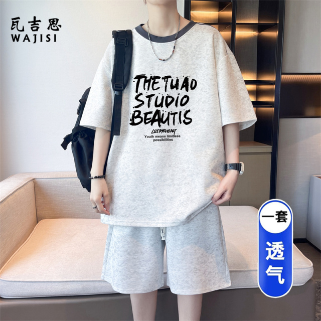 13666275.男大童短袖短裤两件套青少年夏季薄透气运动套装学生潮流t恤汗衫